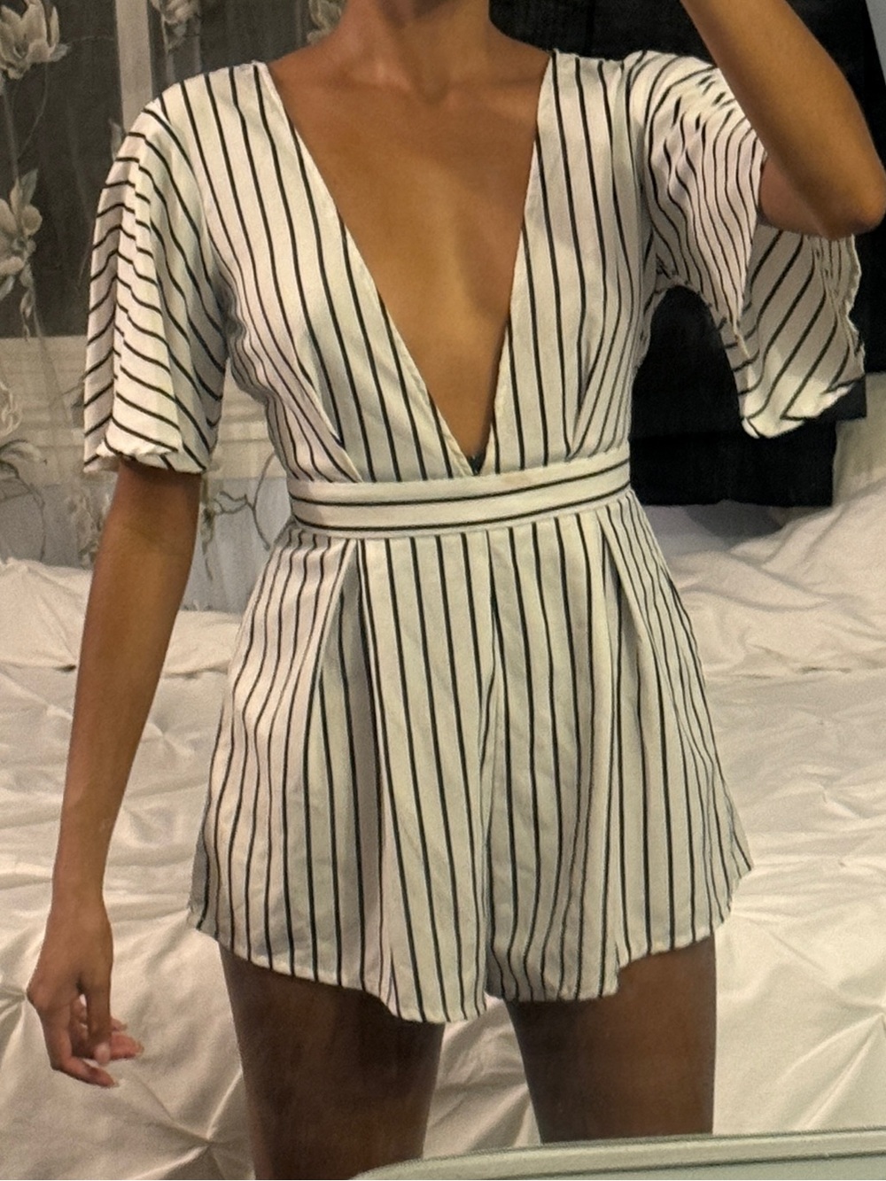 Striped Deep V Waistband Romper in White and Black - Women Jumpsuit
